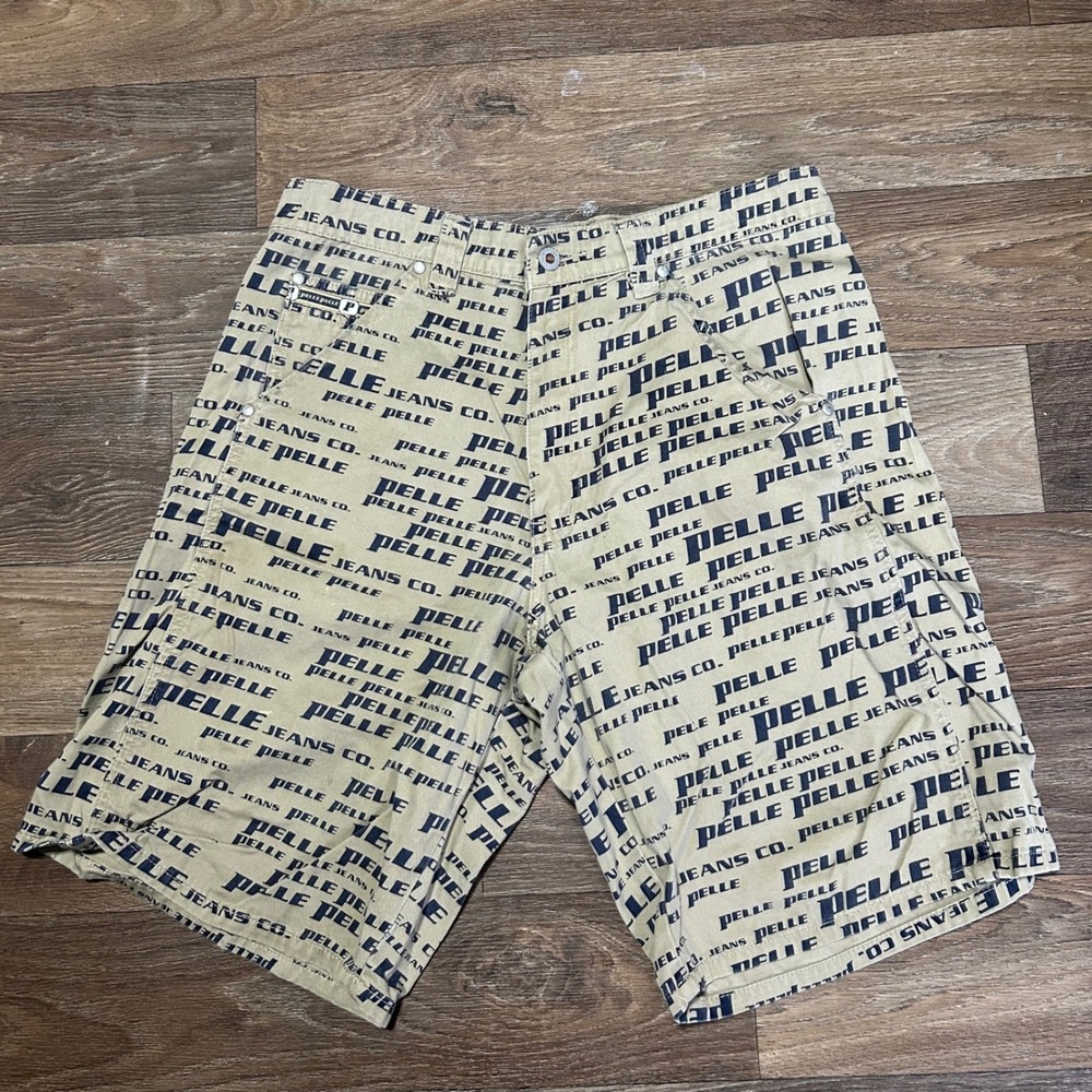 Pelle Pelle Jeans Co All Over Logo Print Cargo Shorts Men Size 33 Tan Blue